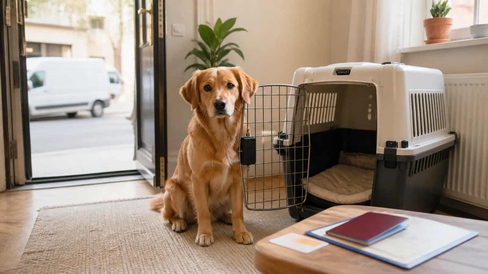 A dog in a travel crate with documents — moving a pet to the EU
