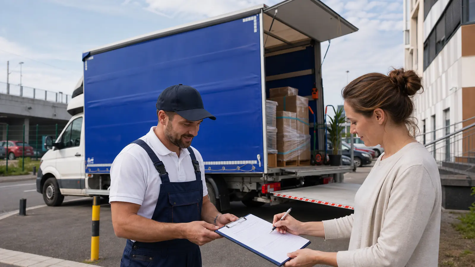 Signing the inventory list beside a loaded vehicle — insurance on a move