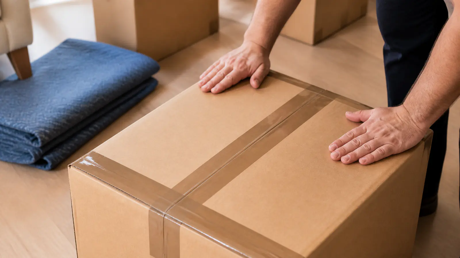 A box taped in an H pattern — packing for a long-distance move
