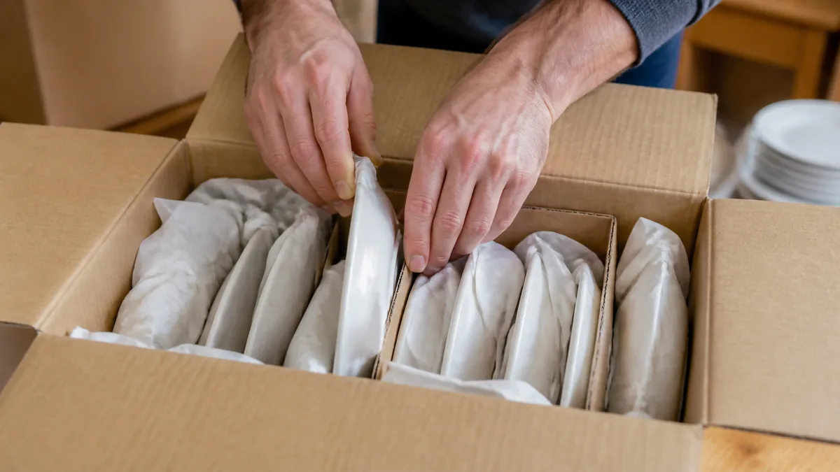 Plates wrapped in paper and stood upright in a box — packing fragile items