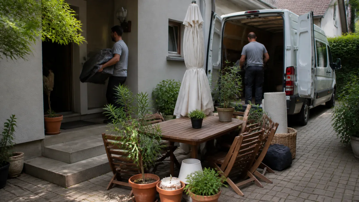 Garden furniture and pots ready for loading — moving the garden