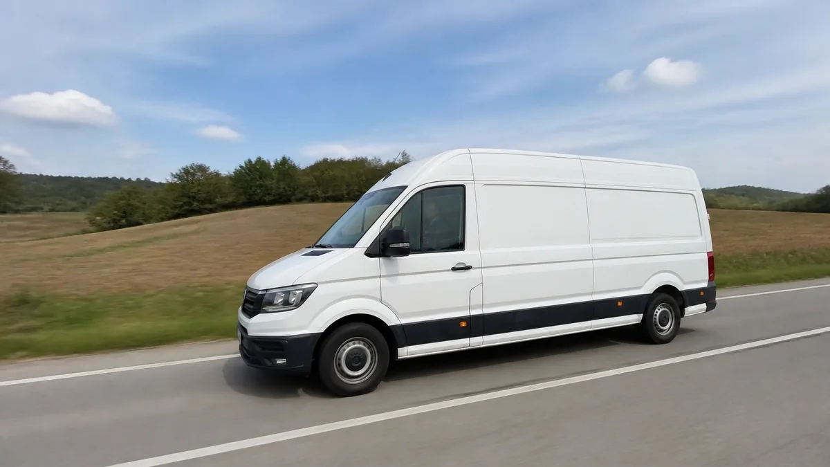 A van on the open road between cities — a long-distance move