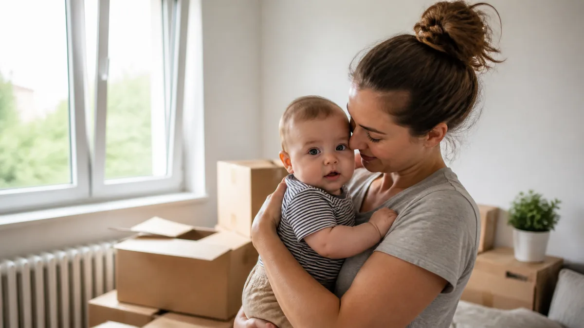 A parent with a baby in a tidy room — moving with a baby