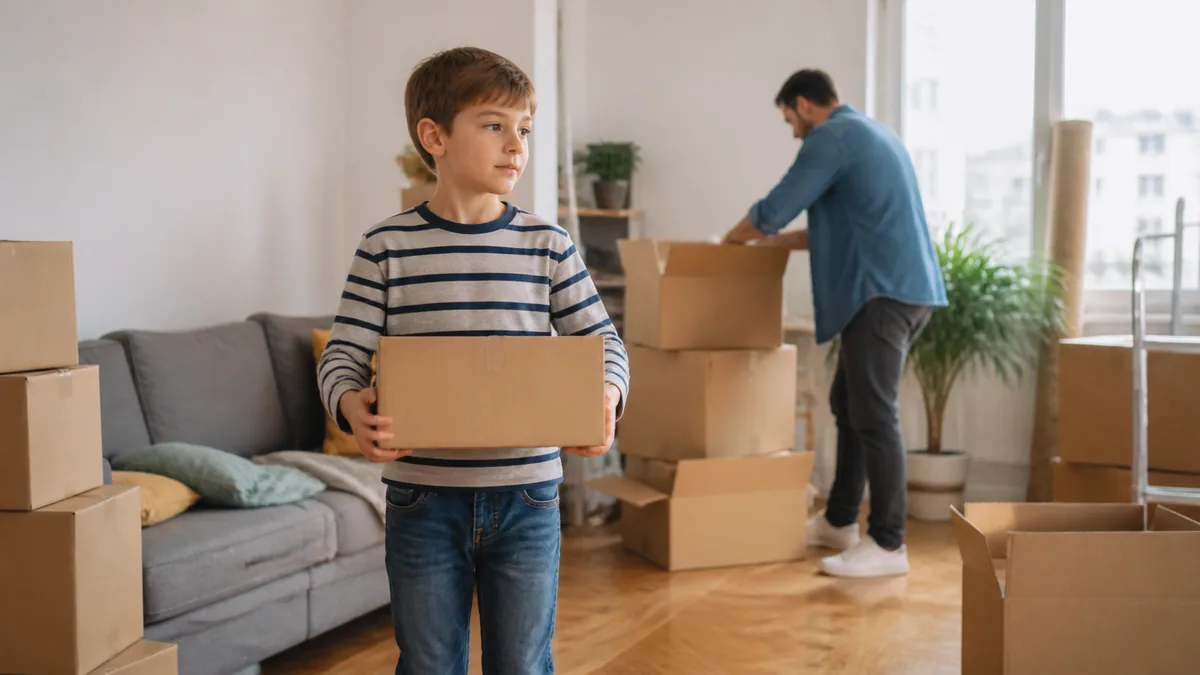 A child carrying a small box — moving with children