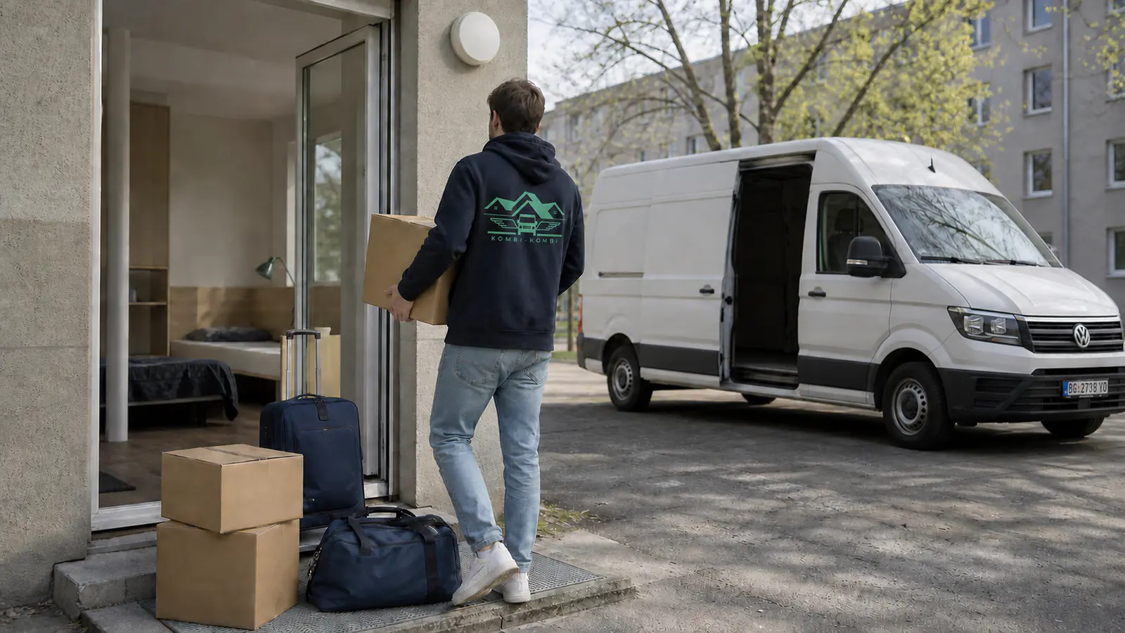 Boxes and a suitcase in a student room — a student move abroad