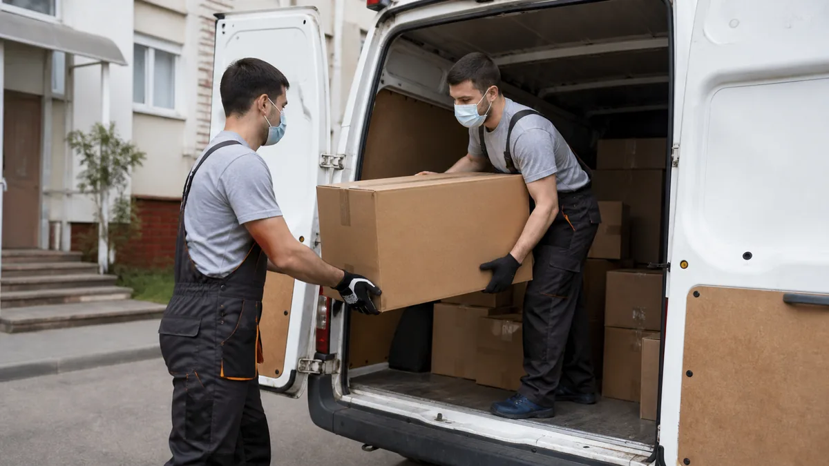 A crew in masks and gloves loading — moving during the coronavirus