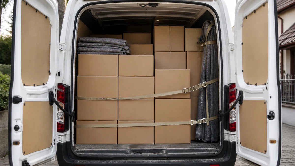 Boxes stacked in a van, seen through the back doors — how to load a van