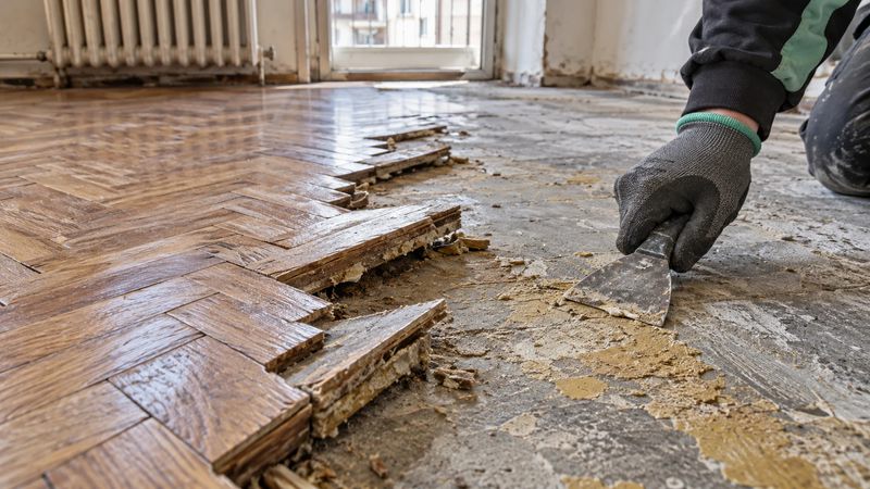 Ostaci lepka na betonskoj ploči ispod skinutog parketa, struganje špahtlom