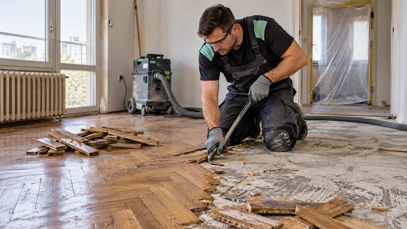 Radnik skida parket pajserom uz industrijski usisivač i zaštitnu foliju u stanu u Beogradu