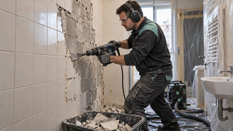 Radnik ruši zidne pločice u kupatilu SDS čekićem, uz usisivač i zaštitnu foliju